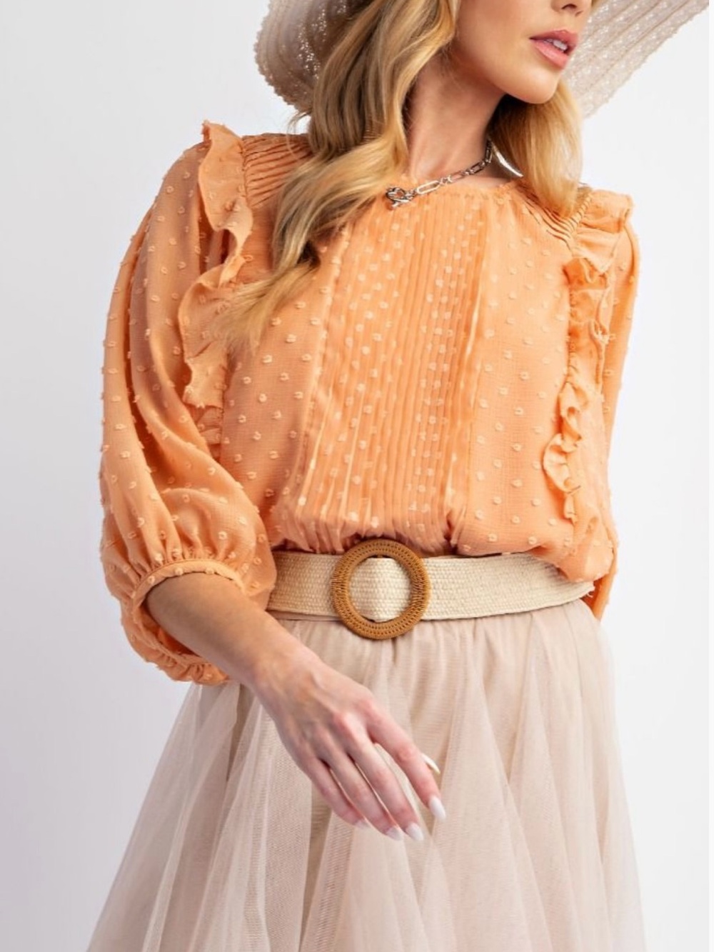 Easel Women's Peach Ruffle Swiss Dot Blouse